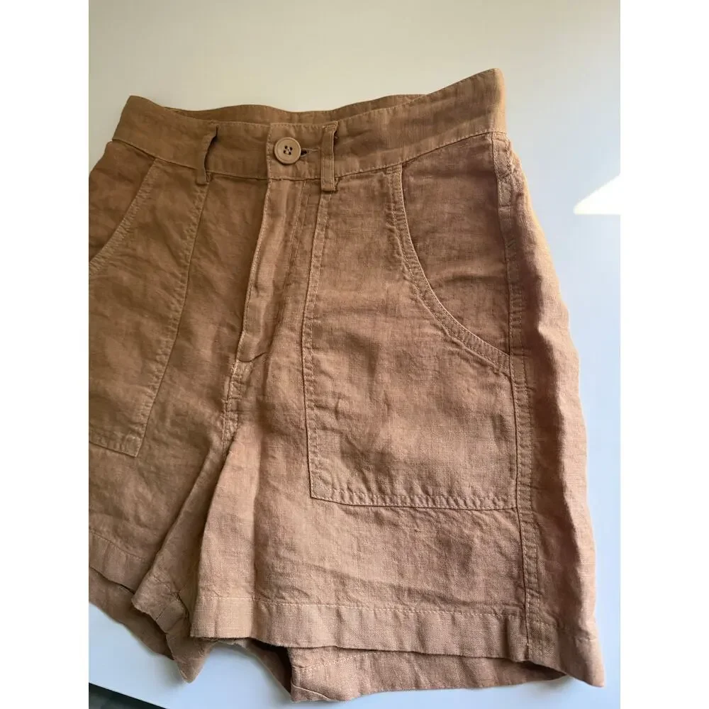 $195 Enza Costa Linen High Waisted Shorts - Italian Clay - 0
